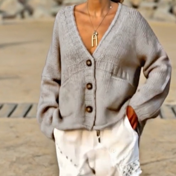 Plus Khaki Solid Knit Button Down Pockets Loose Fit Cardigan - Picture 2 of 3